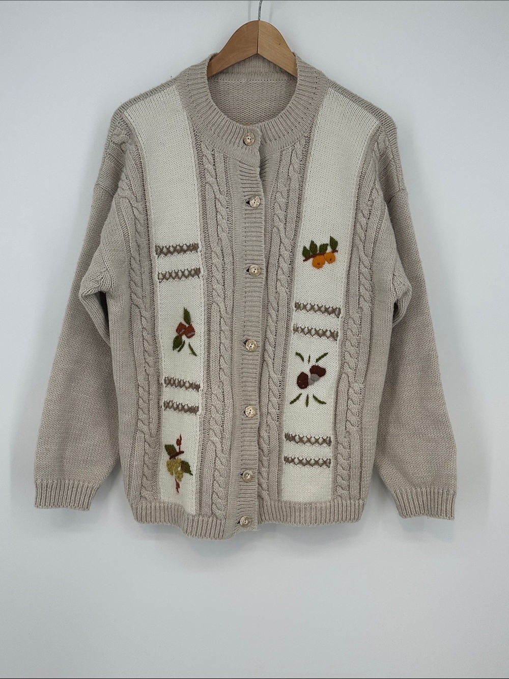 Beige Floral Embroidered Cable Knit Cardigan Sweater